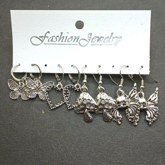 SILVER butterfly heart mushroom skull earring bundle - Picture 1 of 4